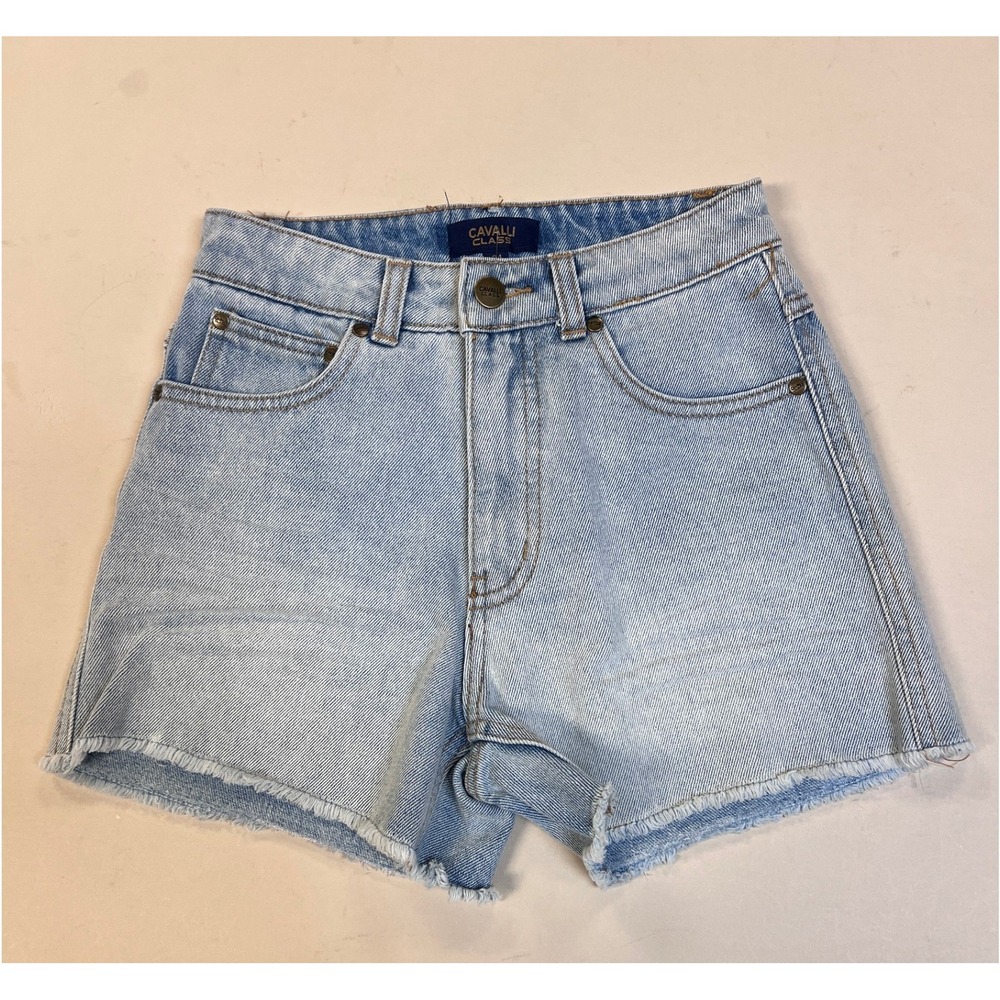 Cavalli Class Denim Shorts Womens 24 Icy Blue NWT High Rise Frayed Hem OXJ207